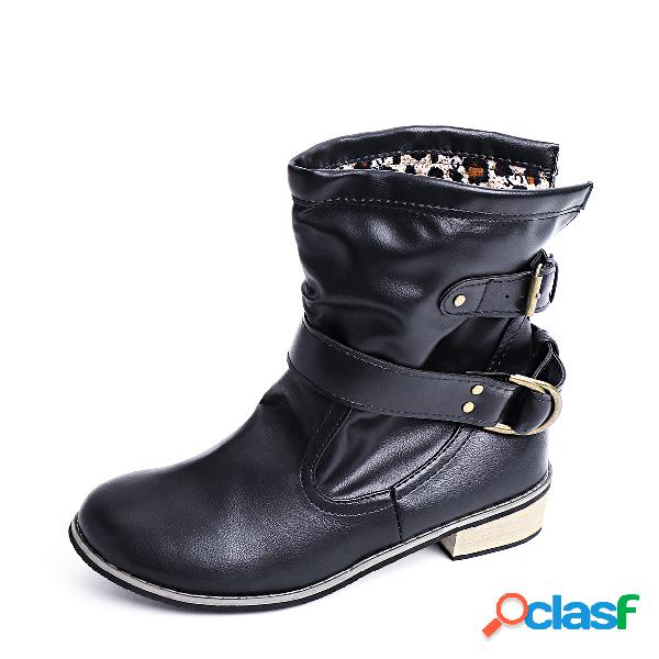 Black Buckle Design Round Toe Short Boots