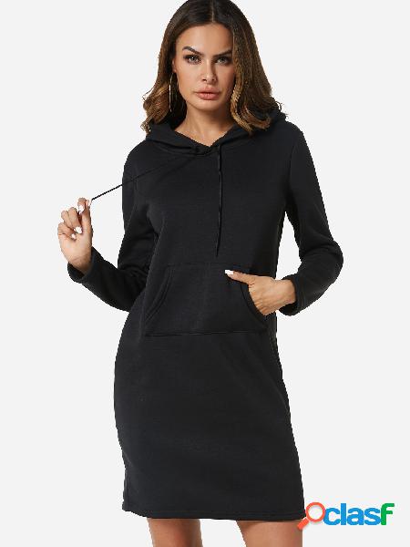 Black Casual Long Sleeve Kangaroo Pocket Hoodie Dress
