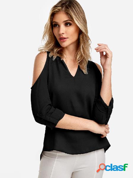 Black Cold Shoulder Long Sleeves Blouse With Adjustable