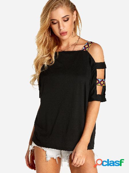 Black Cut Out Cold Shoulder Half Sleeves T-shirt