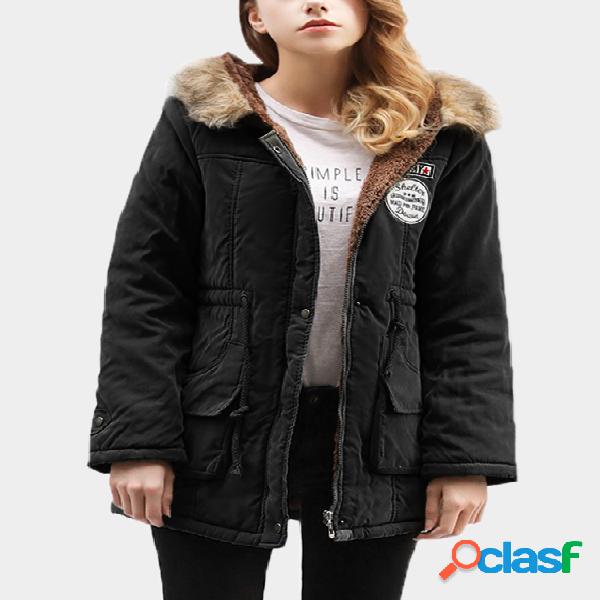 Black Faux Fur Hooded Design Long Sleeves Badge Patched Coat