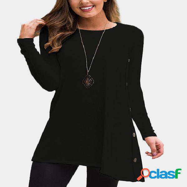 Black Long Sleeves Irregular Hem Side Buttom Tee