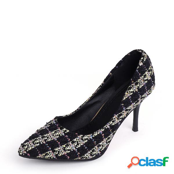 Black Plaid Design Point Toe Heels