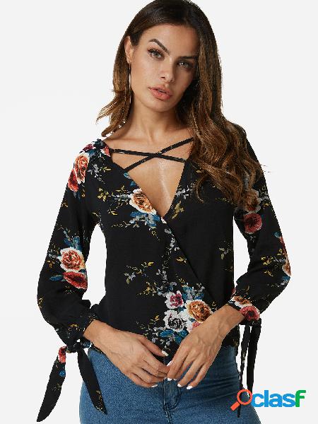 Black Random Floral Print Wrap Design Deep V Neck Tie up at