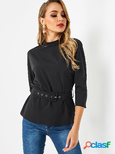 Black Stand Collar 3/4 Sleeve Top with Buckle Belt Waist