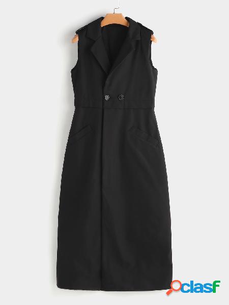 Black Two Large Pockets Lapel Collar Sleeveless Trench Coat