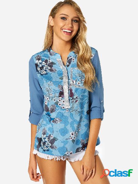 Blue Button Design Random Floral Print 3/4 Length Sleeves