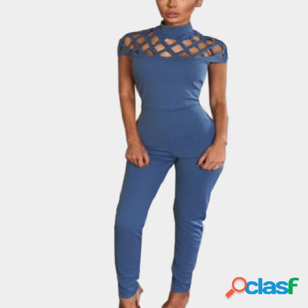 Blue Casual Bodycon Hollow design Jumpsuit