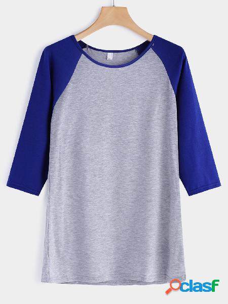 Blue Plain Crew Neck 3/4 Length Sleeves T-shirt