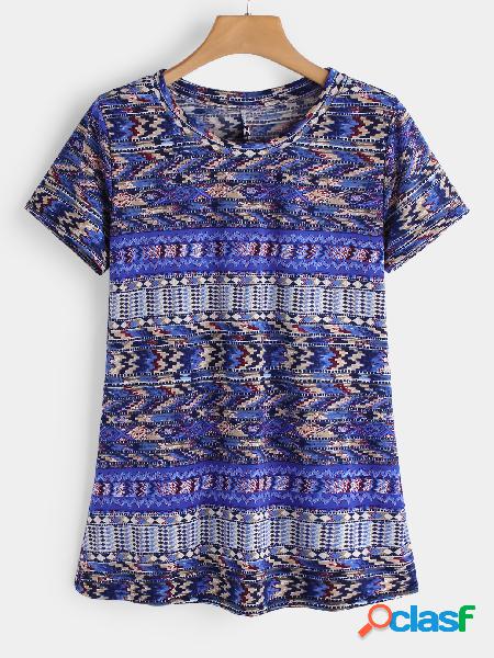 Blue Random Floral Print Round Neck Short Sleeves T-shirt