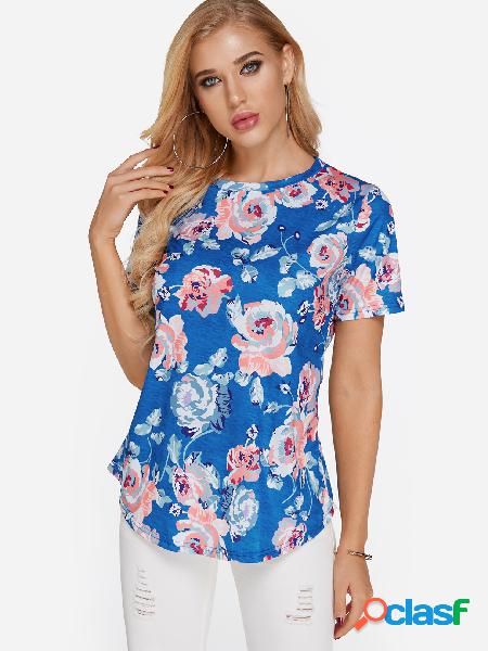 Blue Random Floral Print Round Neck T-shirt