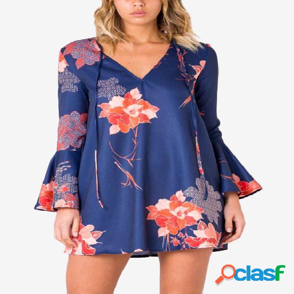 Blue Random Floral Print V-neck Bell Sleeves Dress