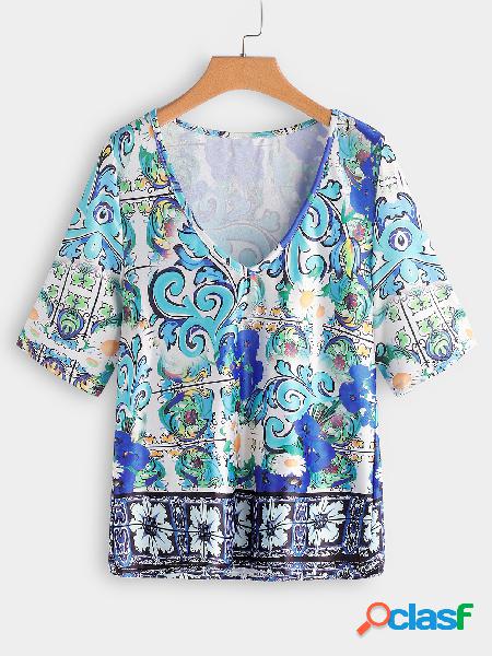 Blue Random Floral Print V-neck Half Sleeves T-shirt