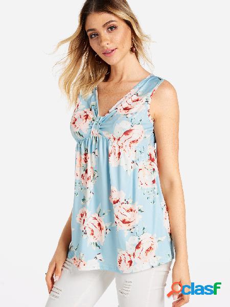 Blue Random Floral Print V-neck Sleeveless Tank Top