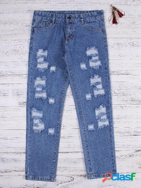 Blue Random Ripped Details Mid Waist Jeans