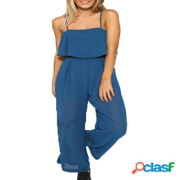 Blue Square Neck Overlay Mesh Jumpsuit