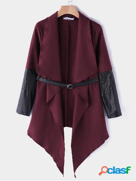 Burgundy Belt Design Lapel Collar Long Sleeves Coat