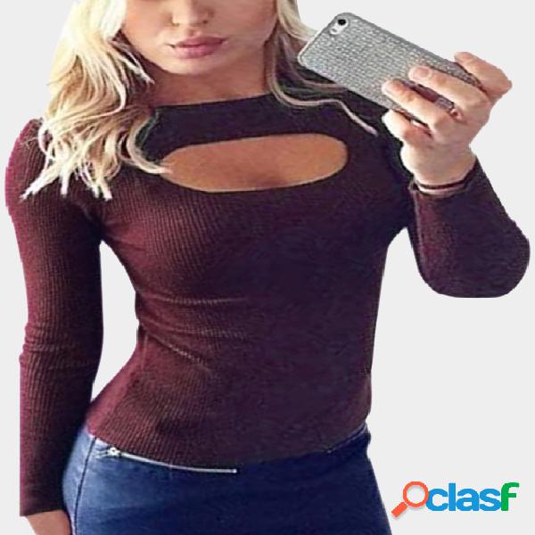 Burgundy Knitted Round Neck Hollow Front Design Bottoming