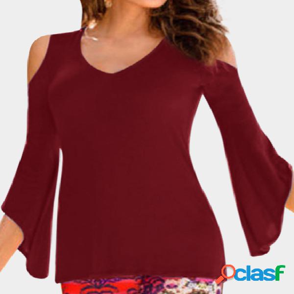 Burgundy Plain Cold Shoulder Flared Long Sleeves T-shirt