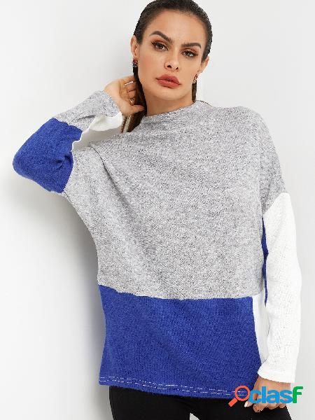 Color Block Grey & Blue Plain Crew Neck Long Sleeves Loose