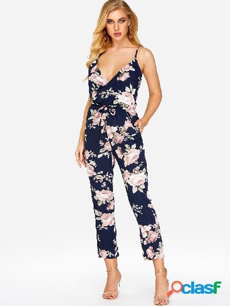 Cross Front V-neck Random Floral Print Jumpsuit in Blue