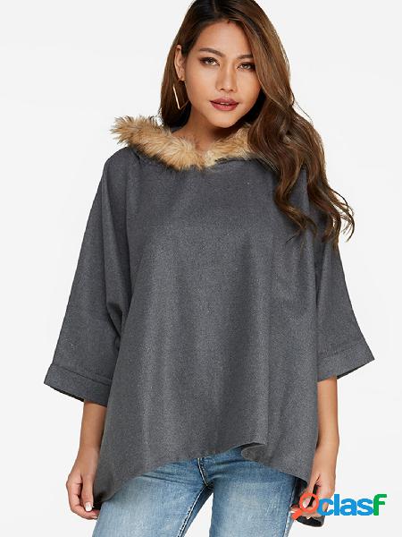 Dark Grey Hoodel Design With Fur Plain Bat Sleeves Irregular