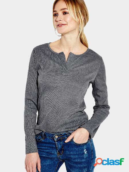 Dark Grey Plunge Casual Design Blouse with Long Sleeves