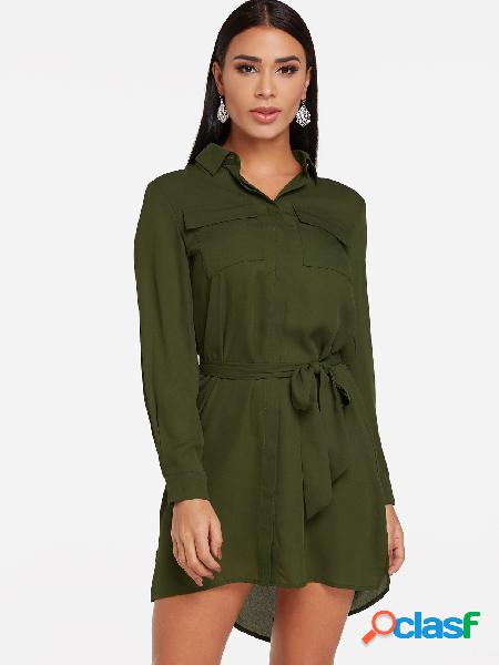 Green Self-tie Design V-neck Long Sleeves Shirt Dress