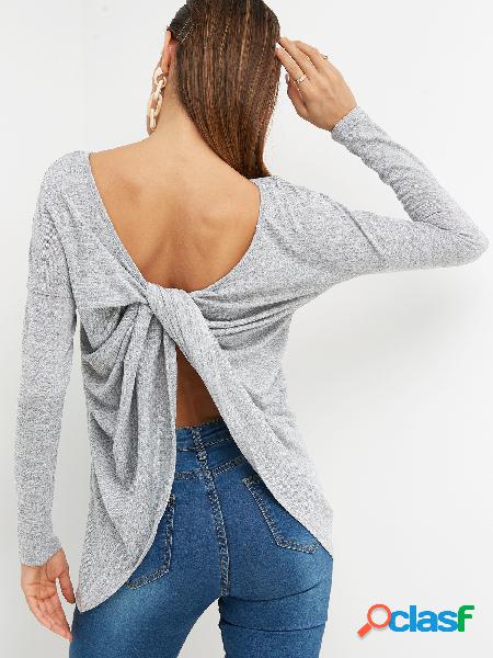 Grey Crew Neck Long Sleeves Twist Back T-shirt