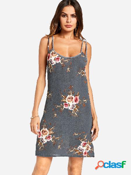 Grey Random Floral Print Elastic Strap Cami Dress