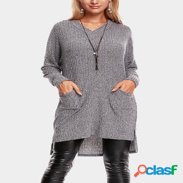 Grey Two Pockets V-neck Long Sleeves Sweater Dress