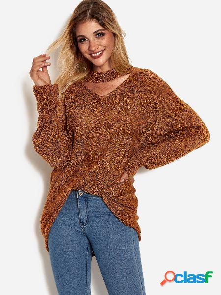 Khaki V-neck Dolman Sleeve Sweater With Collar