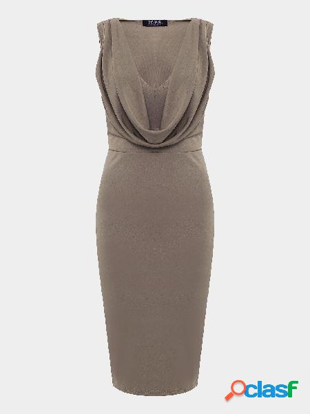 Khaki V-neck Pleated Midi Dress