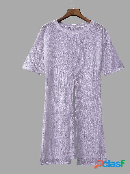 Knit Round Neck Slit Hem Top in Grey