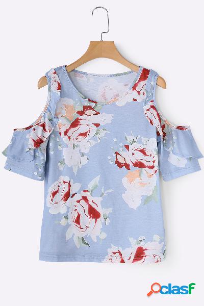 Light Blue Random Floral Print Cold Shoulder T-shirt