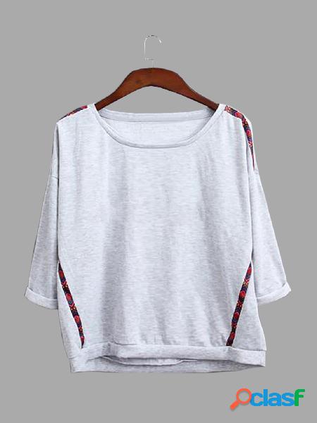 Light Grey Pullover Folk Style Random Floral Pattern