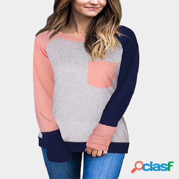 Pink Stitching Contrast Color Front Patch Pocket T-shirt