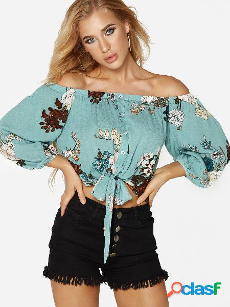 Random Floral Print Button Front Off the Shoulder Self-tie