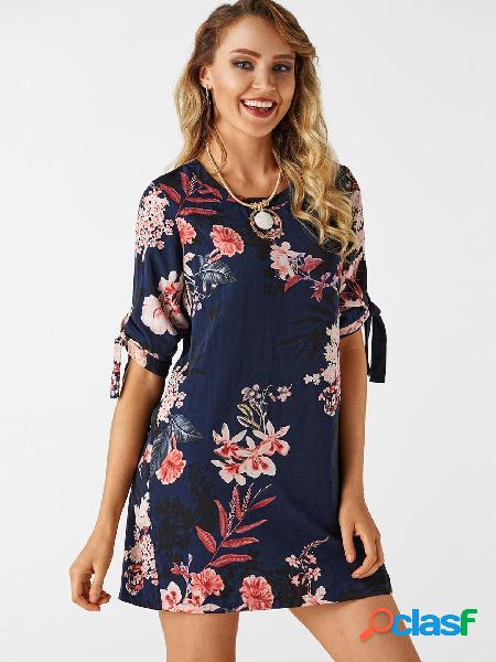 Random Floral Print Self-tie at Sleeves Mini Dress in Navy