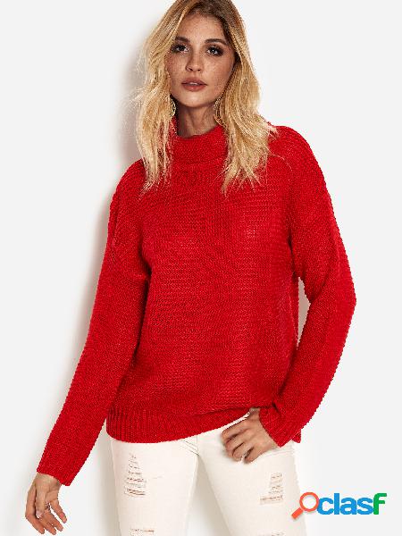 Red Plain Roll Neck Long Sleeves Loose Fit Sweaters