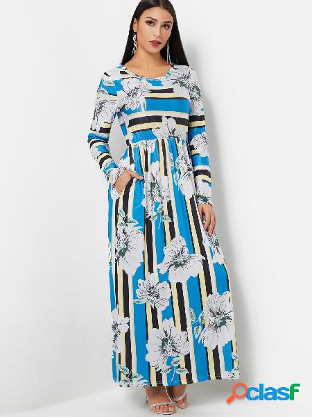 Round Neck Long Sleeve Random Floral Print Maxi Prom Dress