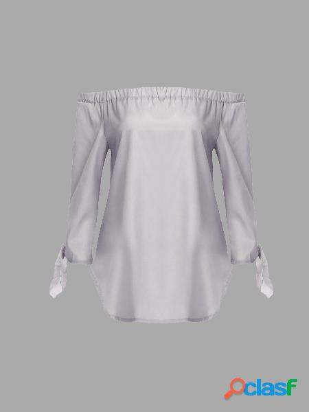 See-through Grey Off Shoulder Self-tie Cuffs Curved Hem