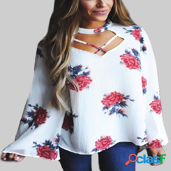 White Floral Print Choker Flared Sleeves Blouses