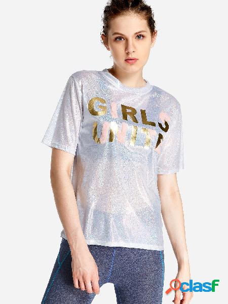White Letter Printed Crew Neck Short Sleeves Shiny T-shirts