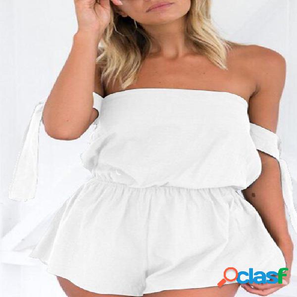 White Off The Shoulder Self-tie Design Playsuits