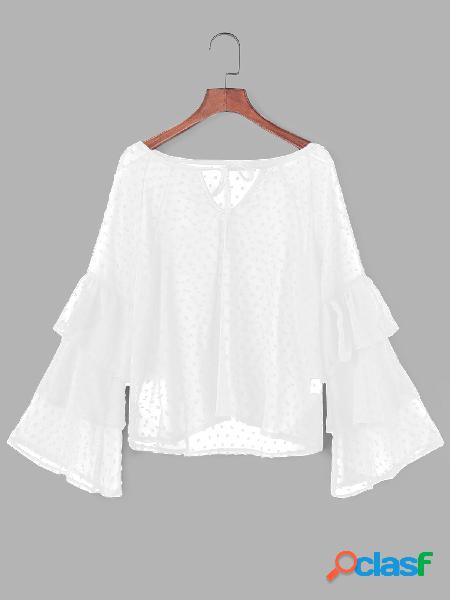 White Polka Dot Choker Neckline Flared Sleeves Blouses