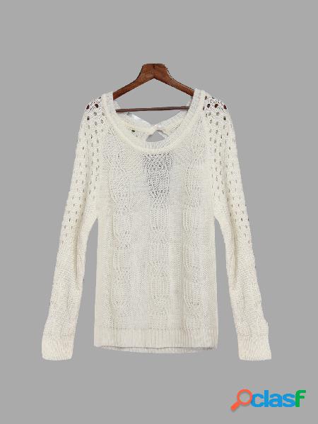 White Round Neck Backless Self -tie Hollow Knitwear