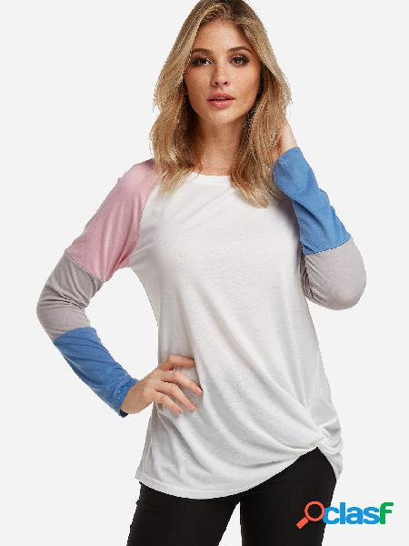 White Stripe Patchwork Round Neck Knot Design T-shirt