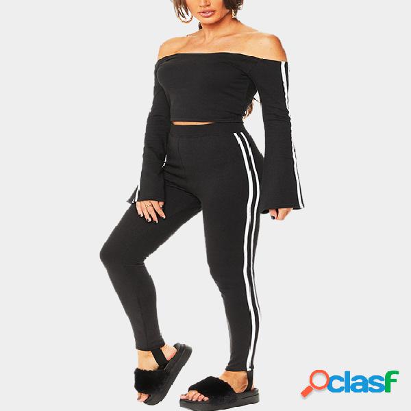 Active Off Shoulder Stripe Pattern Tracksuit in Black