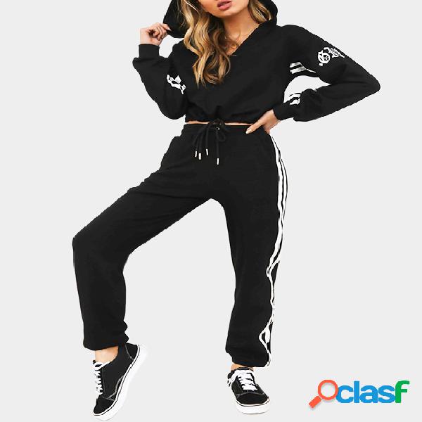 Active V-neck Letter Pattern Tracksuit in Black